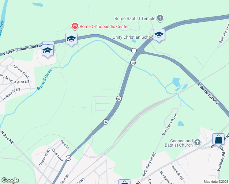 map of restaurants, bars, coffee shops, grocery stores, and more near 16 Indian Trace Dr NE in Rome