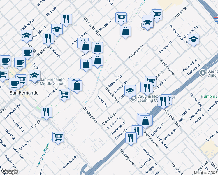 map of restaurants, bars, coffee shops, grocery stores, and more near 13484 Brownell Street in San Fernando