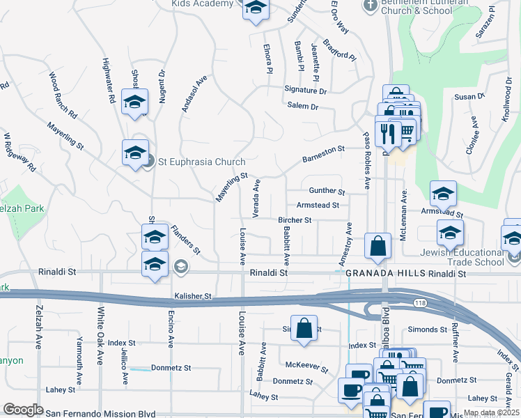 map of restaurants, bars, coffee shops, grocery stores, and more near 11640 Verada Avenue in Los Angeles