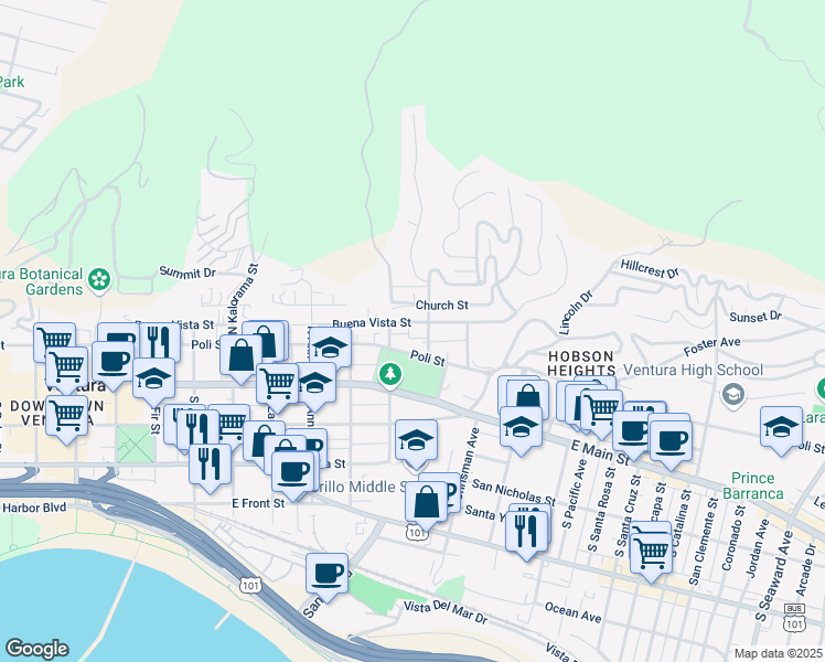 map of restaurants, bars, coffee shops, grocery stores, and more near 1358 Buena Vista Street in Ventura