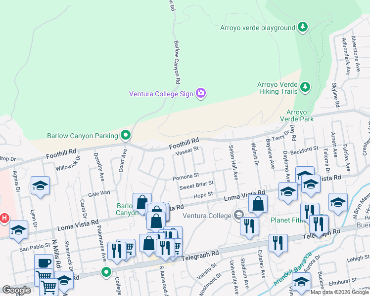 map of restaurants, bars, coffee shops, grocery stores, and more near 4409 Vassar Street in Ventura