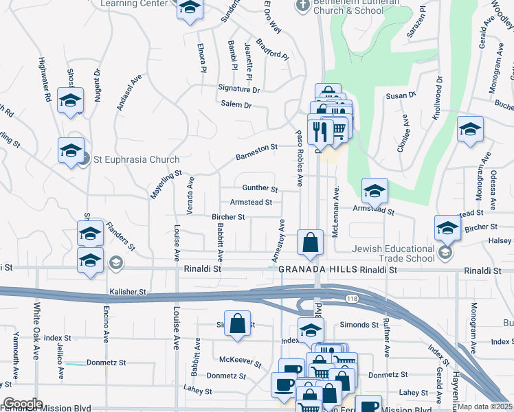 map of restaurants, bars, coffee shops, grocery stores, and more near 17136 Armstead Street in Los Angeles