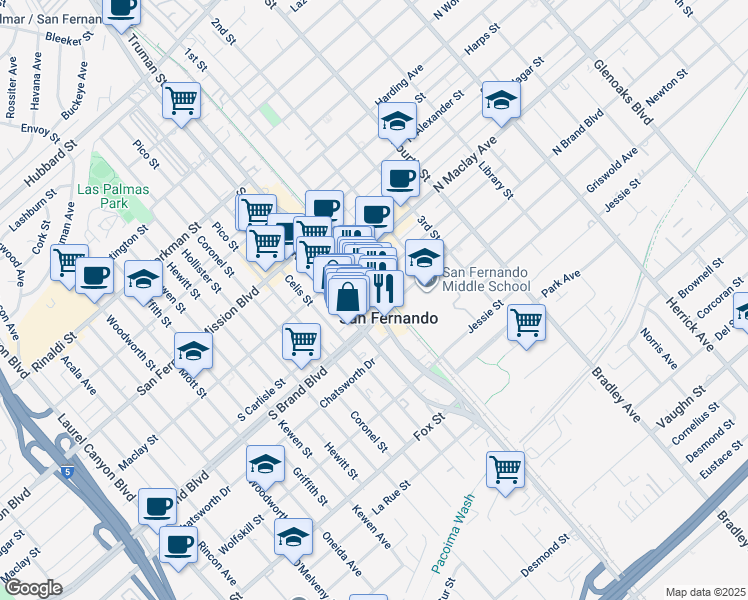 map of restaurants, bars, coffee shops, grocery stores, and more near 913 Truman Street in San Fernando