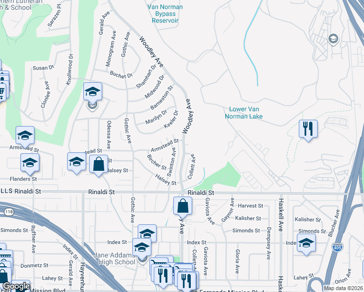 map of restaurants, bars, coffee shops, grocery stores, and more near 16840 Chatsworth Street in Los Angeles