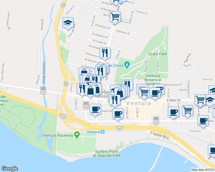 map of restaurants, bars, coffee shops, grocery stores, and more near 139 Wall Street in Ventura