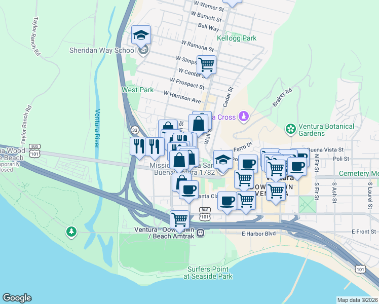 map of restaurants, bars, coffee shops, grocery stores, and more near 117 North Ventura Avenue in Ventura