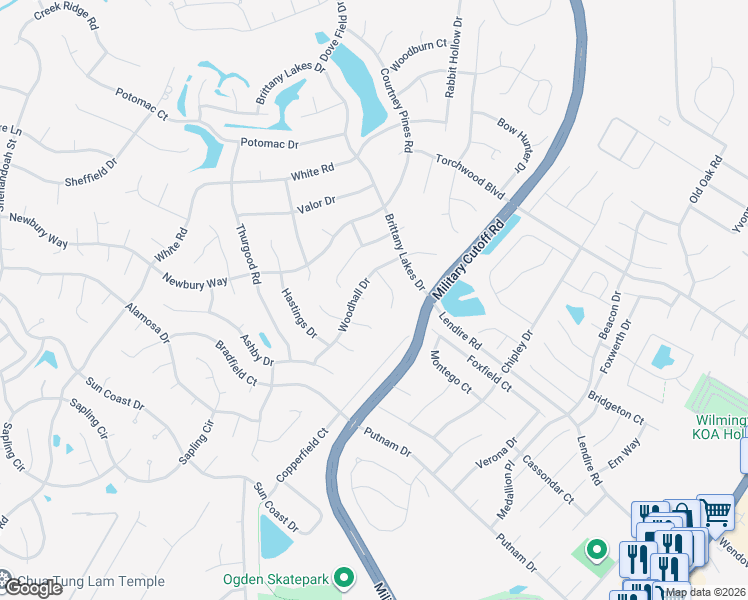 map of restaurants, bars, coffee shops, grocery stores, and more near 2700 Mascot Court in Wilmington