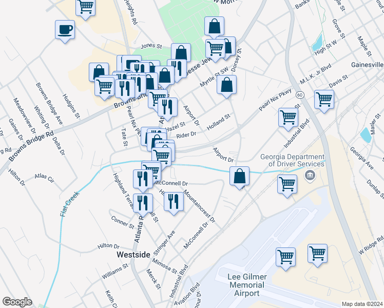 map of restaurants, bars, coffee shops, grocery stores, and more near 1306 Swann Drive in Gainesville