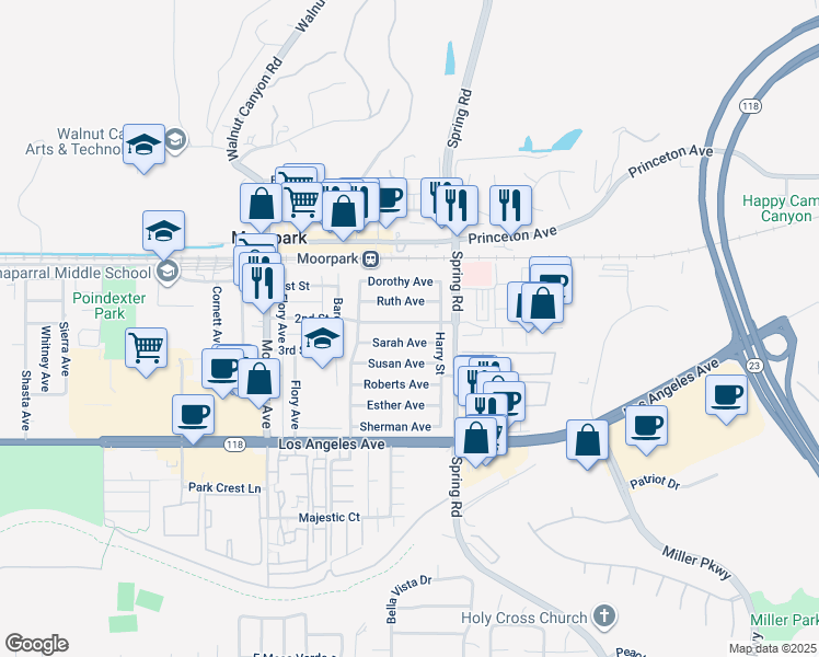 map of restaurants, bars, coffee shops, grocery stores, and more near 374 2nd Street in Moorpark
