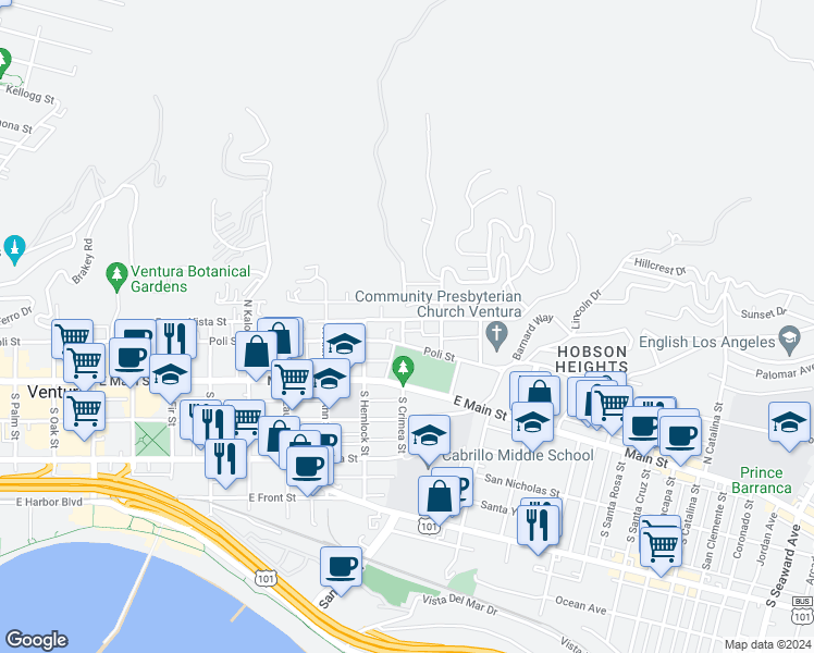 map of restaurants, bars, coffee shops, grocery stores, and more near 156 North Crimea Street in Ventura