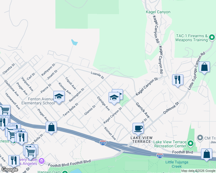 map of restaurants, bars, coffee shops, grocery stores, and more near 11568 Luanda Street in Los Angeles