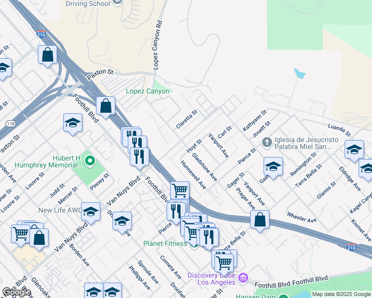 map of restaurants, bars, coffee shops, grocery stores, and more near 12141 Hoyt Street in Los Angeles