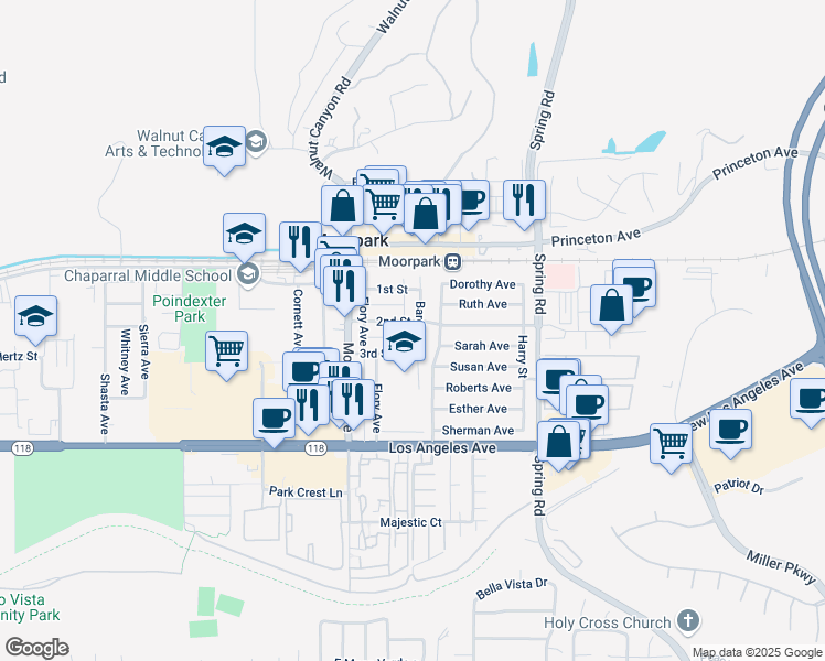 map of restaurants, bars, coffee shops, grocery stores, and more near 379 Bard Street in Moorpark