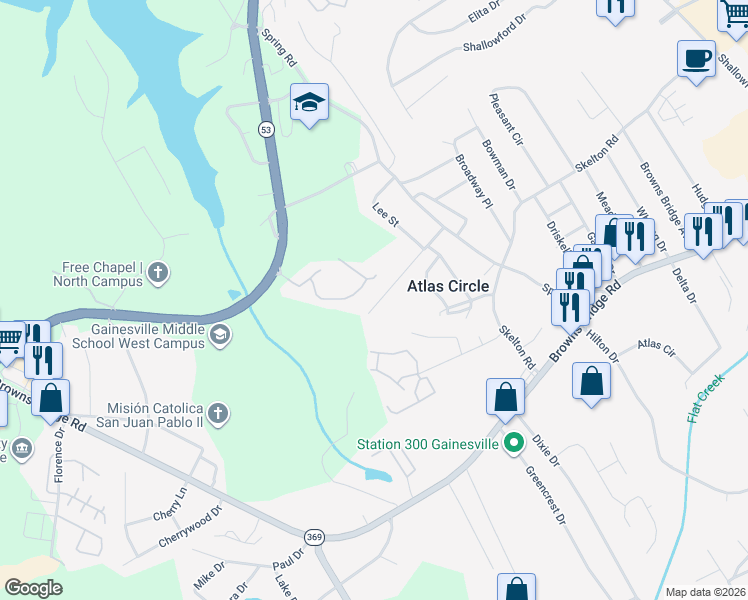 map of restaurants, bars, coffee shops, grocery stores, and more near 2168 Newton Street in Gainesville