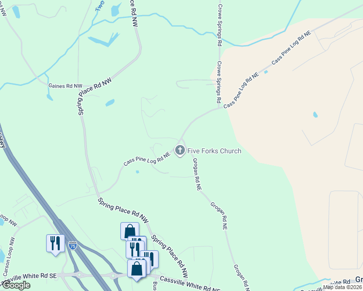map of restaurants, bars, coffee shops, grocery stores, and more near 201 Grogan Road Northeast in White