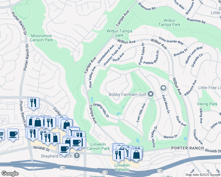 map of restaurants, bars, coffee shops, grocery stores, and more near 11633 Spy Glass Drive in Los Angeles