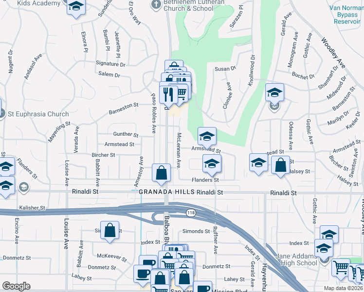 map of restaurants, bars, coffee shops, grocery stores, and more near 11652 McLennan Avenue in Los Angeles