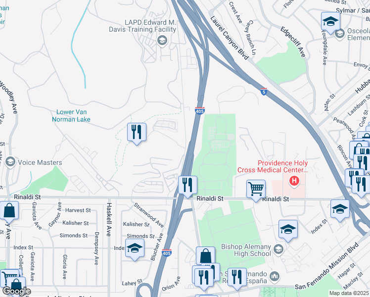 map of restaurants, bars, coffee shops, grocery stores, and more near 15167 Odyssey Drive in Los Angeles