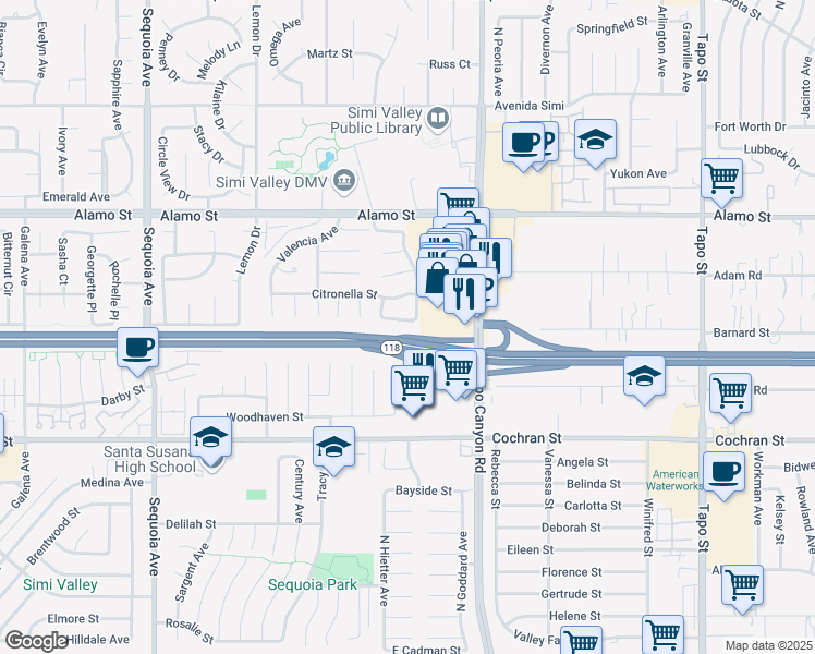 map of restaurants, bars, coffee shops, grocery stores, and more near 3876 San Gabriel Street in Simi Valley