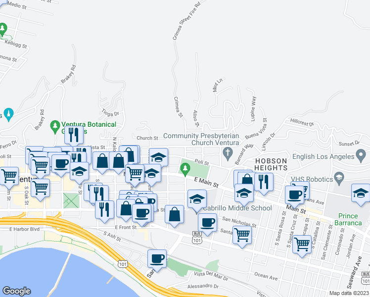 map of restaurants, bars, coffee shops, grocery stores, and more near 148 North Crimea Street in Ventura