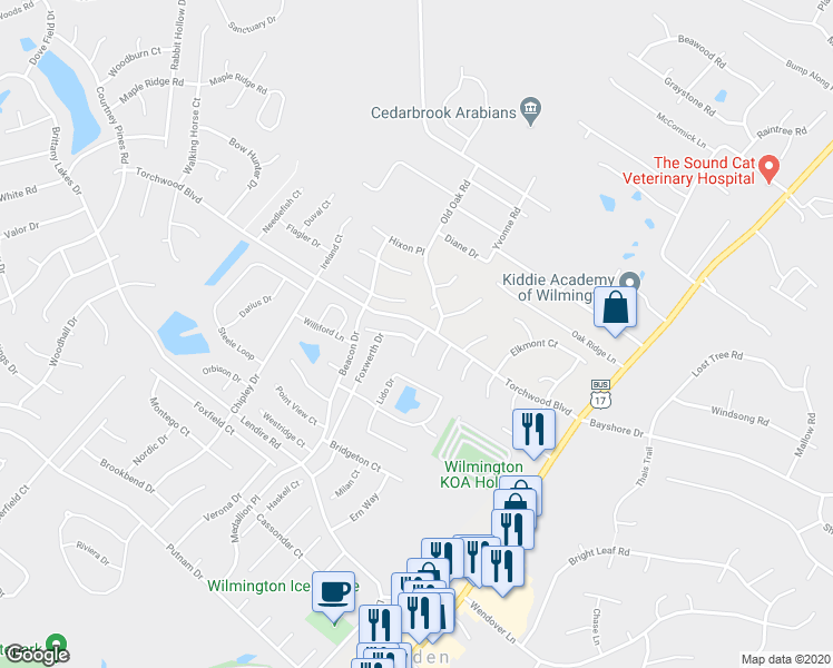 map of restaurants, bars, coffee shops, grocery stores, and more near 300 Buckhurst Drive in Wilmington