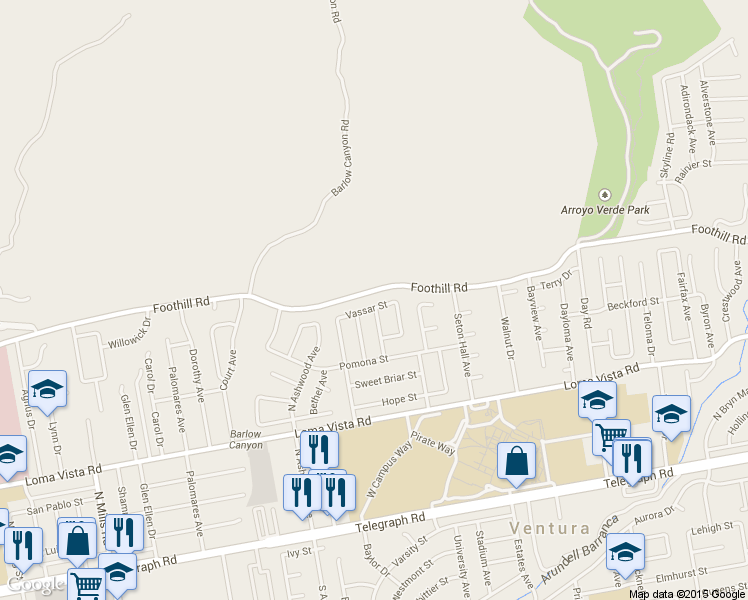 map of restaurants, bars, coffee shops, grocery stores, and more near 4409 Vassar Street in Ventura