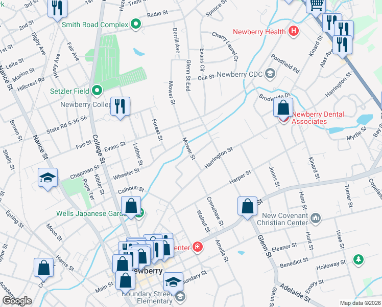 map of restaurants, bars, coffee shops, grocery stores, and more near 1514 Mower Street in Newberry