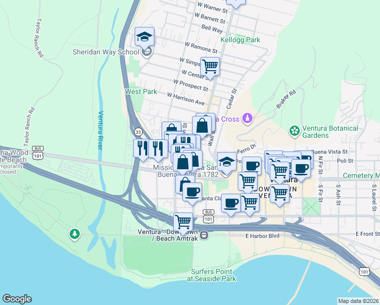 map of restaurants, bars, coffee shops, grocery stores, and more near 130 North Garden Street in Ventura