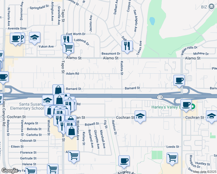 map of restaurants, bars, coffee shops, grocery stores, and more near 4705 Barnard Street in Simi Valley