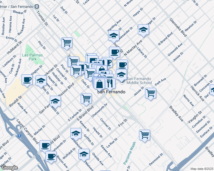 map of restaurants, bars, coffee shops, grocery stores, and more near 913 Truman Street in San Fernando