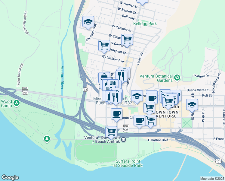 map of restaurants, bars, coffee shops, grocery stores, and more near 130 North Garden Street in Ventura