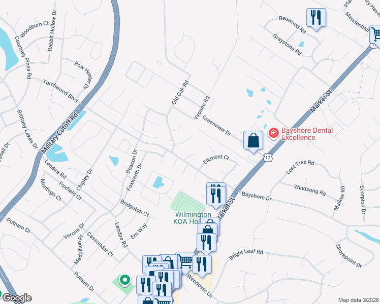 map of restaurants, bars, coffee shops, grocery stores, and more near 7509 Essary Place in Wilmington