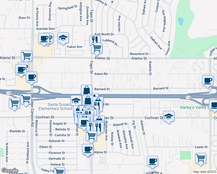 map of restaurants, bars, coffee shops, grocery stores, and more near 4511 Barnard Street in Simi Valley