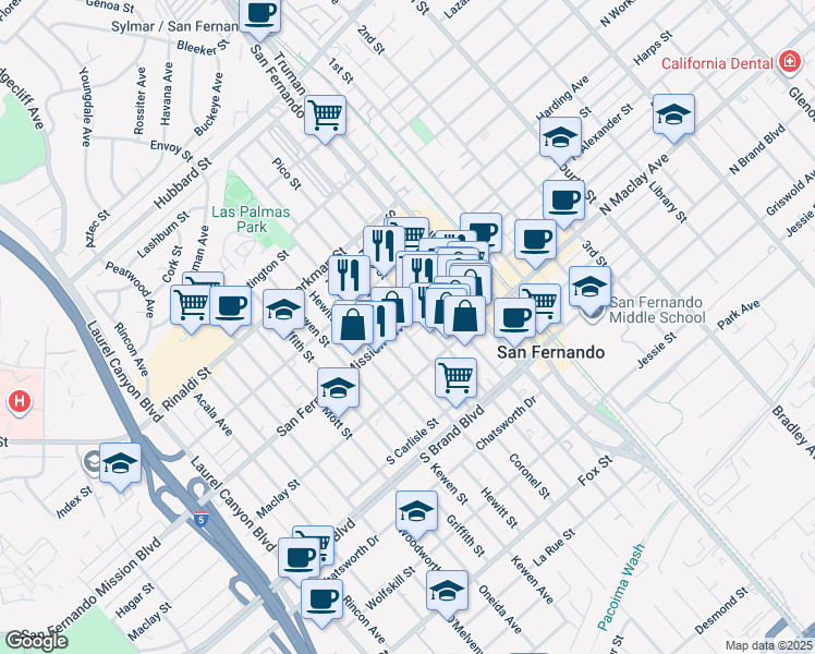 map of restaurants, bars, coffee shops, grocery stores, and more near 418 San Fernando Mission Boulevard in San Fernando