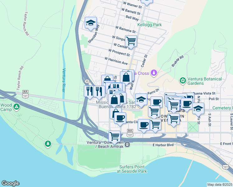 map of restaurants, bars, coffee shops, grocery stores, and more near 130 North Garden Street in Ventura