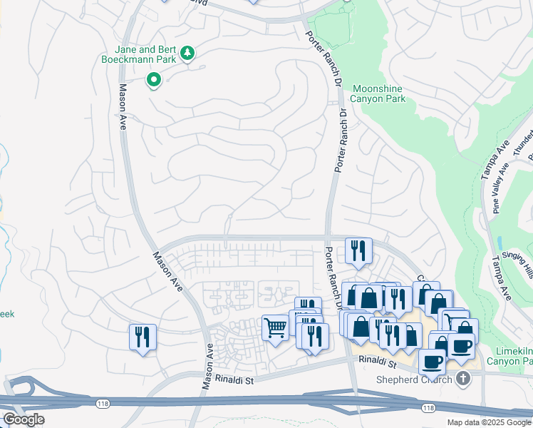 map of restaurants, bars, coffee shops, grocery stores, and more near 20231 Bentley Way in Los Angeles