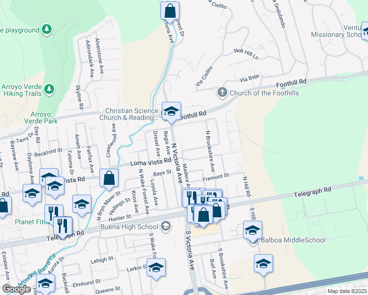 map of restaurants, bars, coffee shops, grocery stores, and more near 6005 Sutter Street in Ventura