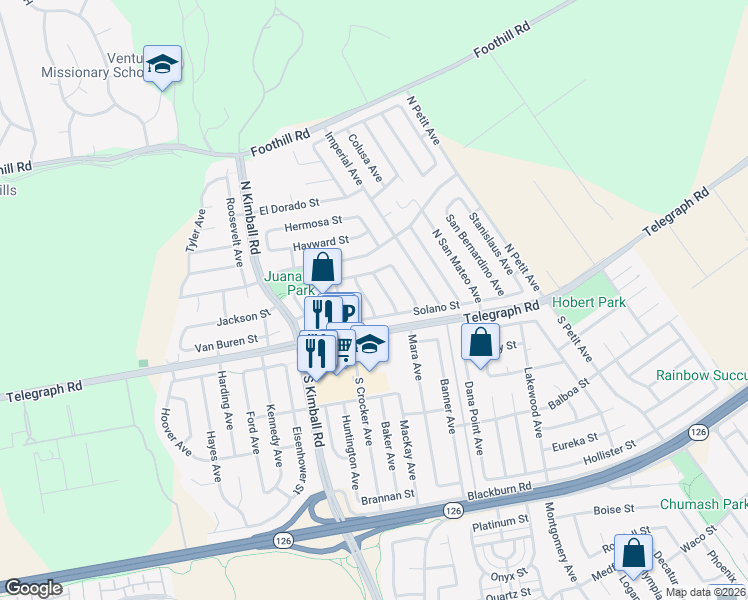 map of restaurants, bars, coffee shops, grocery stores, and more near 52 Stockton Avenue in Ventura