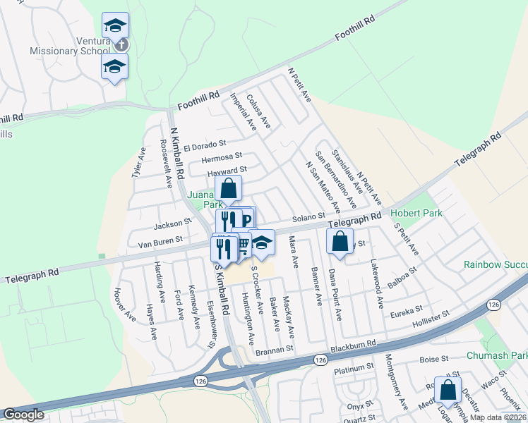 map of restaurants, bars, coffee shops, grocery stores, and more near 52 Stockton Avenue in Ventura