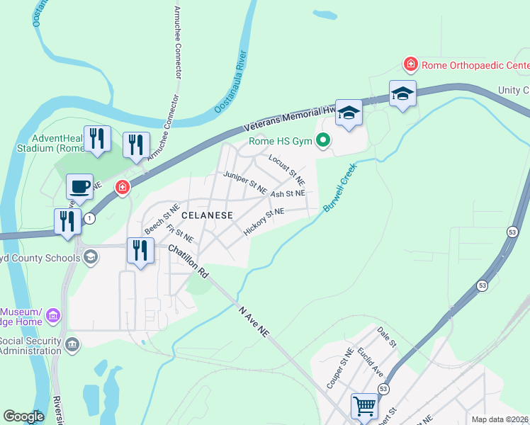 map of restaurants, bars, coffee shops, grocery stores, and more near 26 Hickory Street Northeast in Rome