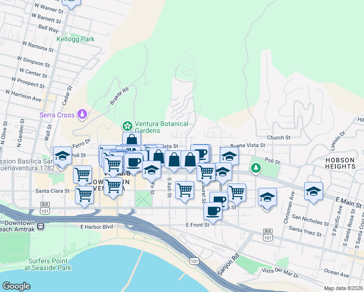 map of restaurants, bars, coffee shops, grocery stores, and more near 870 Buena Vista Street in Ventura