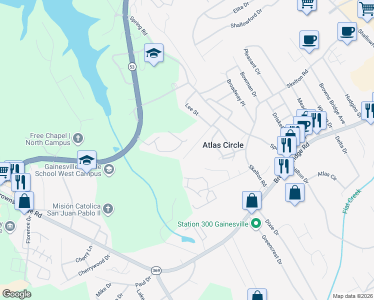 map of restaurants, bars, coffee shops, grocery stores, and more near 2168 Newton Street in Gainesville
