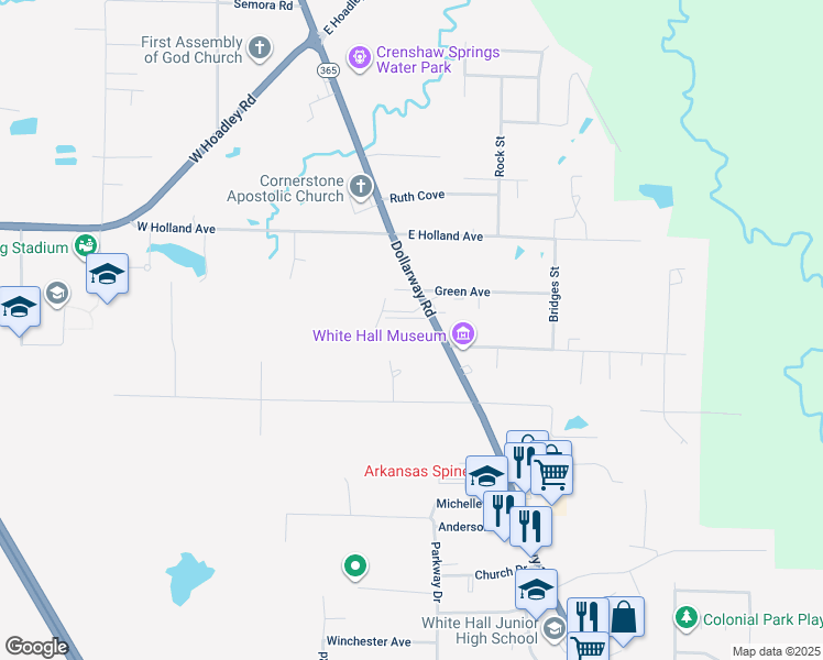 map of restaurants, bars, coffee shops, grocery stores, and more near 520 Mayflower Lane in White Hall
