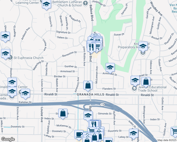 map of restaurants, bars, coffee shops, grocery stores, and more near 11661 Balboa Boulevard in Los Angeles