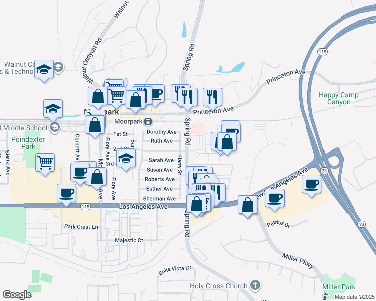 map of restaurants, bars, coffee shops, grocery stores, and more near Spring Road in Moorpark