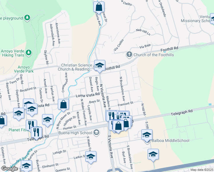 map of restaurants, bars, coffee shops, grocery stores, and more near 6005 Sutter Street in Ventura