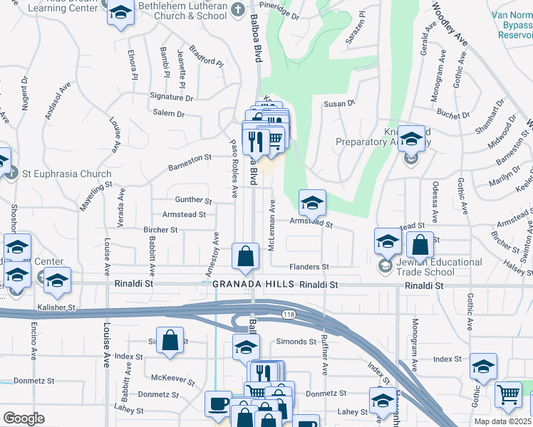 map of restaurants, bars, coffee shops, grocery stores, and more near 11659 McLennan Avenue in Los Angeles