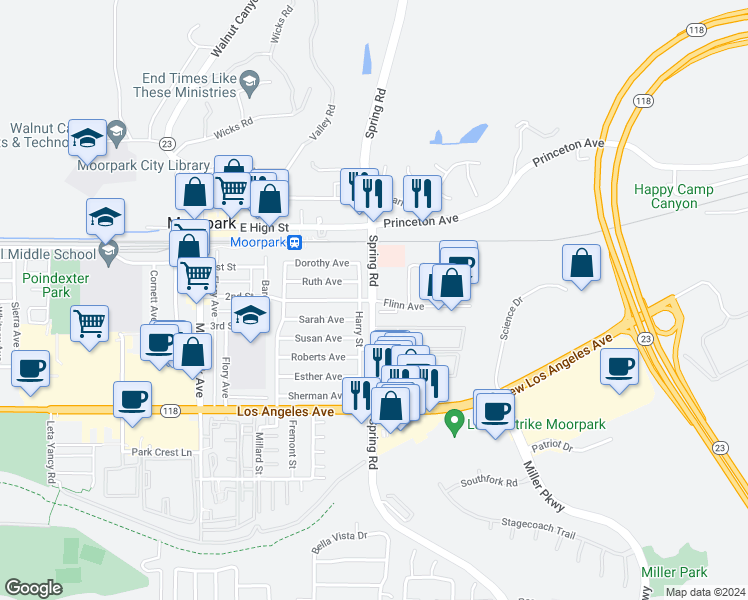 map of restaurants, bars, coffee shops, grocery stores, and more near 593 Flinn Avenue in Moorpark