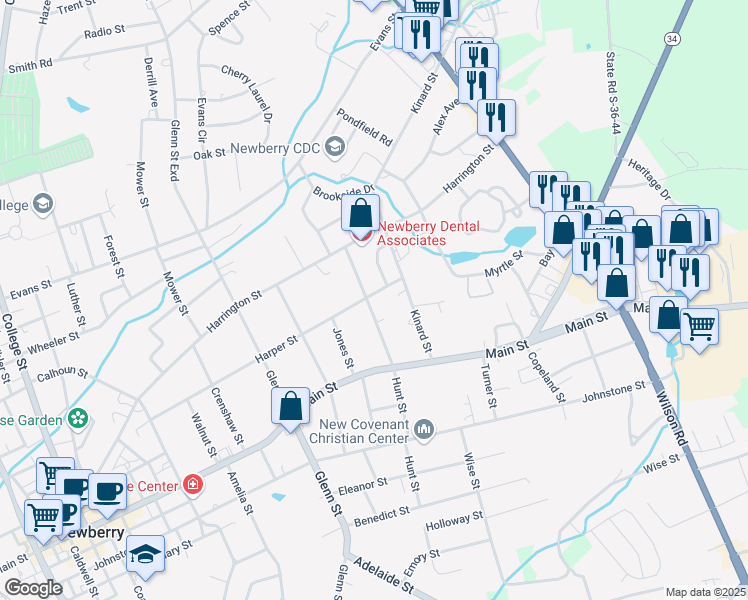 map of restaurants, bars, coffee shops, grocery stores, and more near 1254 Hunt Street in Newberry
