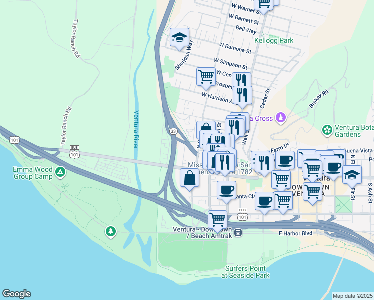 map of restaurants, bars, coffee shops, grocery stores, and more near 76 Julian Street in Ventura